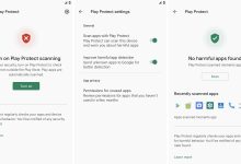 Three screenshots side-by-side showing Play Protect with scanning switched off, then the Protect Play Settings with all of the toggles switched on, and the third screenshot showing Google Play Protect enabled and showing
